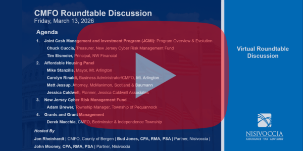 Title slide for the CMFO Roundtable Discussion held on March 13, 2026, featuring agenda topics on cash management, affordable housing, cyber risk, and grant management.