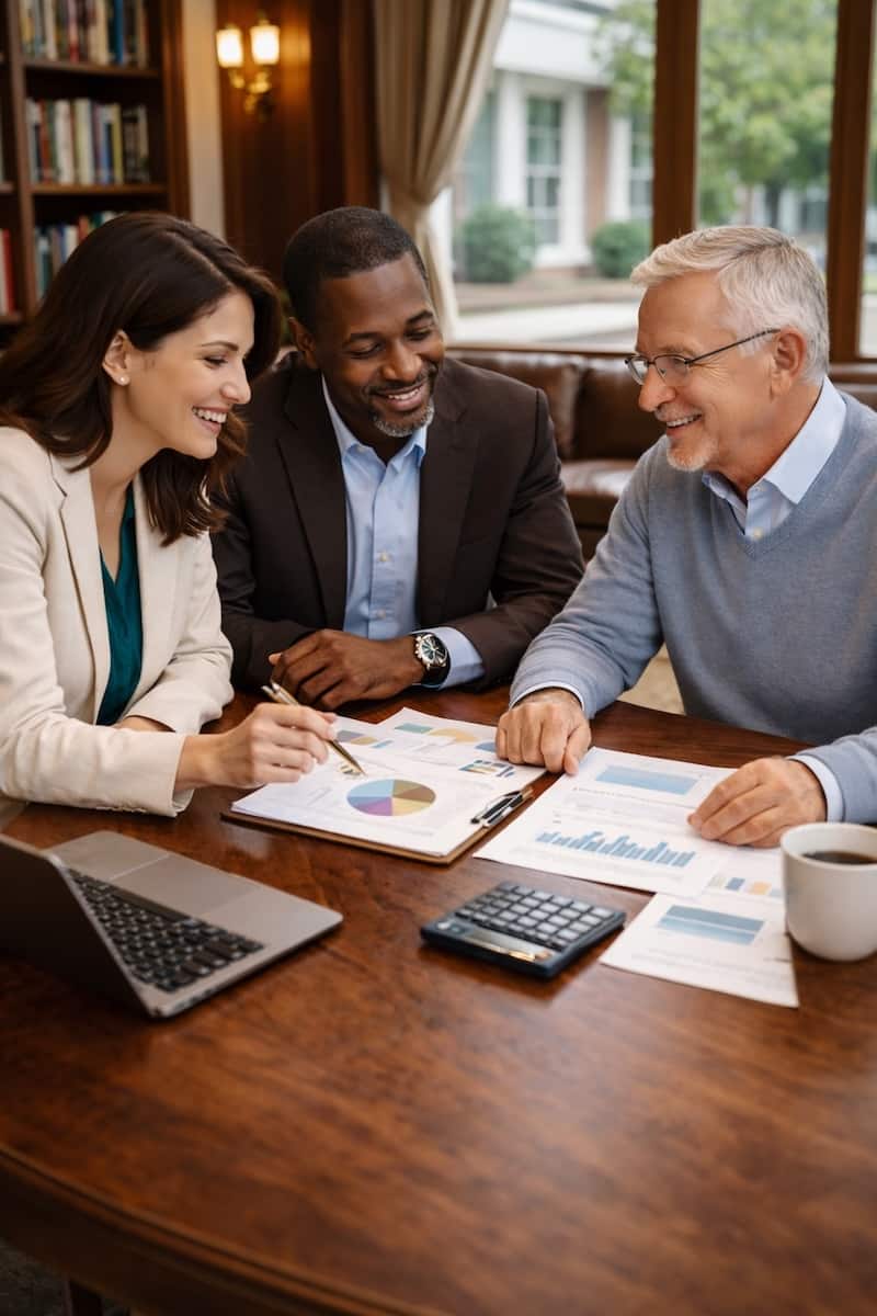 Three people at a desk looking at financials on paper.