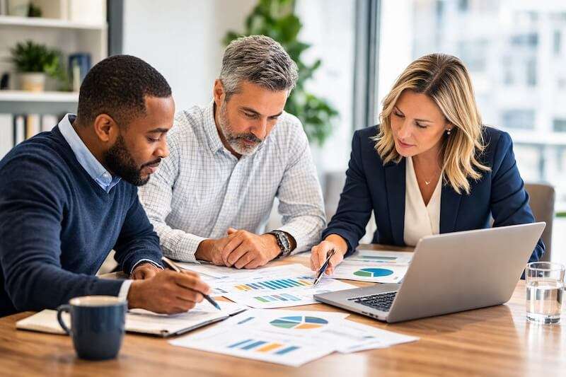 Three people looking at financials with a laptop on the desk,