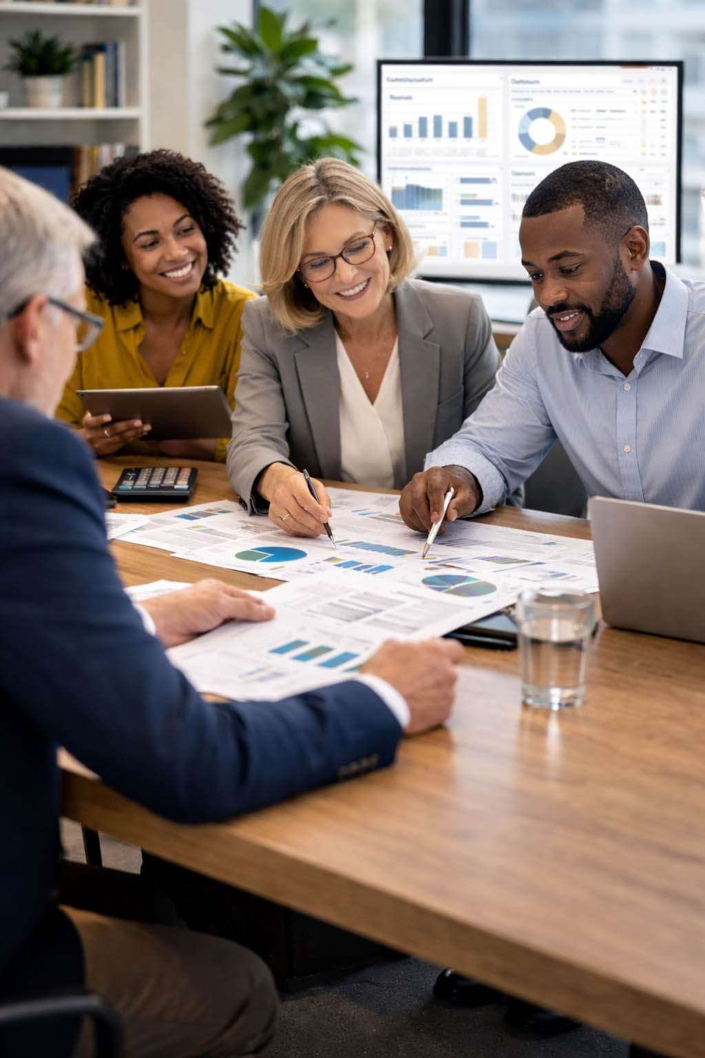 Four people smiling looking at business financials and pointing to data on a paper