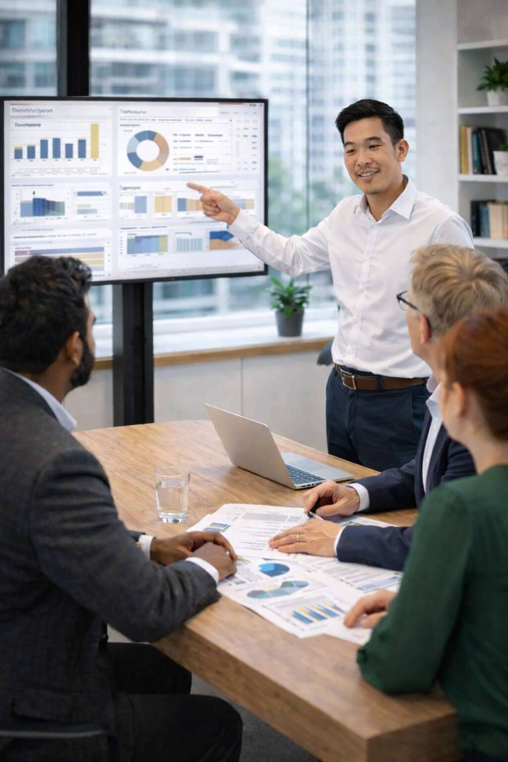 Man standing and pointing to a TV screen with charts and graphs