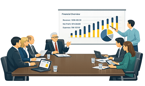 Illustration of board table with someone pointing at a chart.