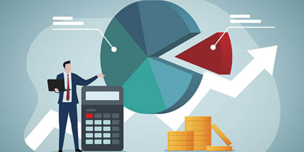 graphic of man standing next to calculator and revenue diversification breakdown pie chart