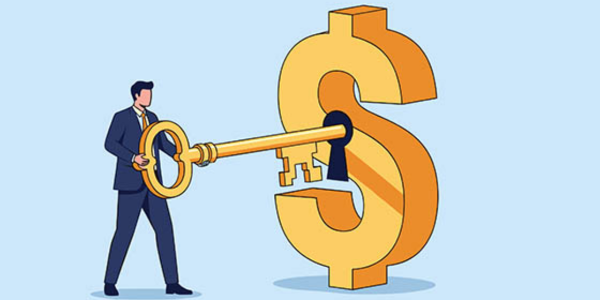 illustration of man putting a key inside of a dollar sign