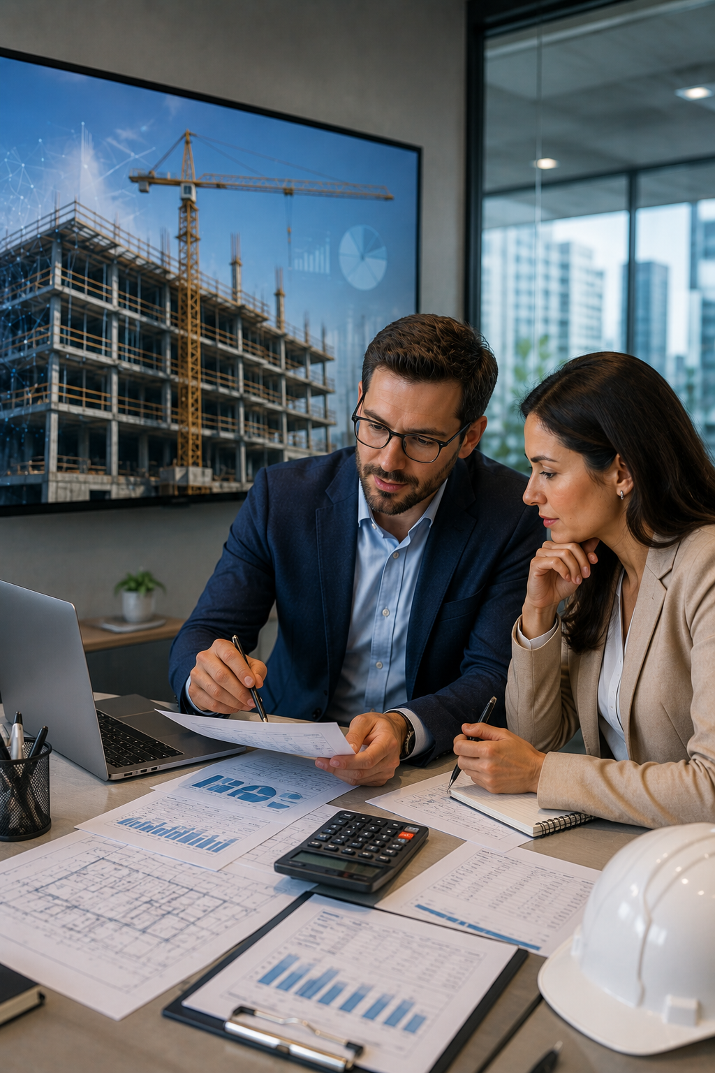 Two professionals in a modern office reviewing financial reports, blueprints, and project budgets for a construction company, with a construction site displayed on a large screen in the background.
