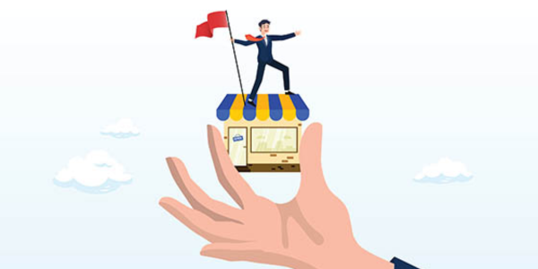 cartoon graphic of hand holding up a small business with a miniature person with flag on top
