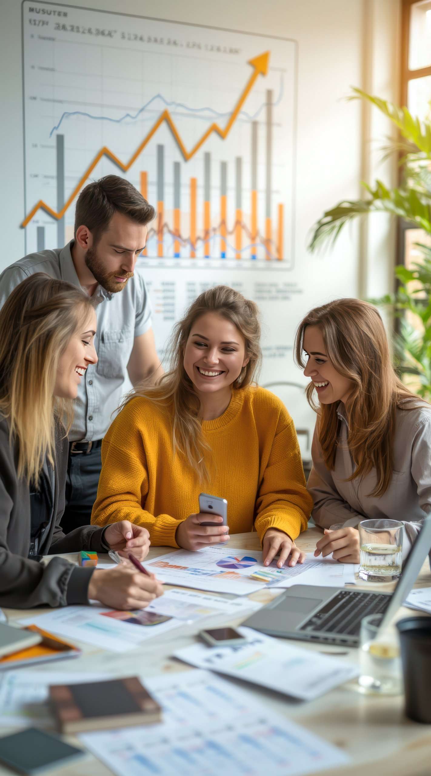 Four professionals collaborate around a table analyzing data and discussing business strategies