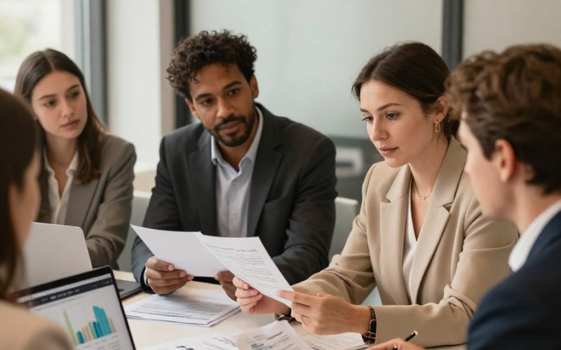 group of office workers in a meeting reading documents