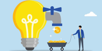 graphic of business person removing money from c corporation (represented by a light bulb)