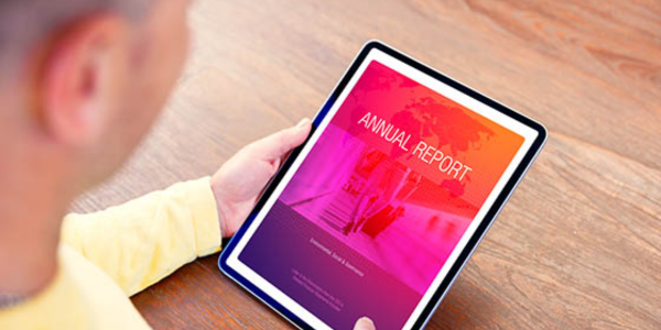 person holding tablet that displays nonprofit annual report
