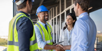 construction contractor selling part of business to private equity firm, shaking hands with the man while in a group of people
